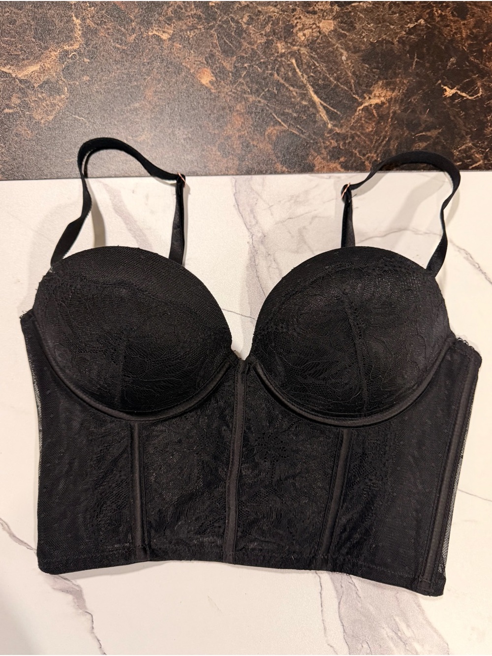 Black Lace Longline Bustier Bra - Unbranded